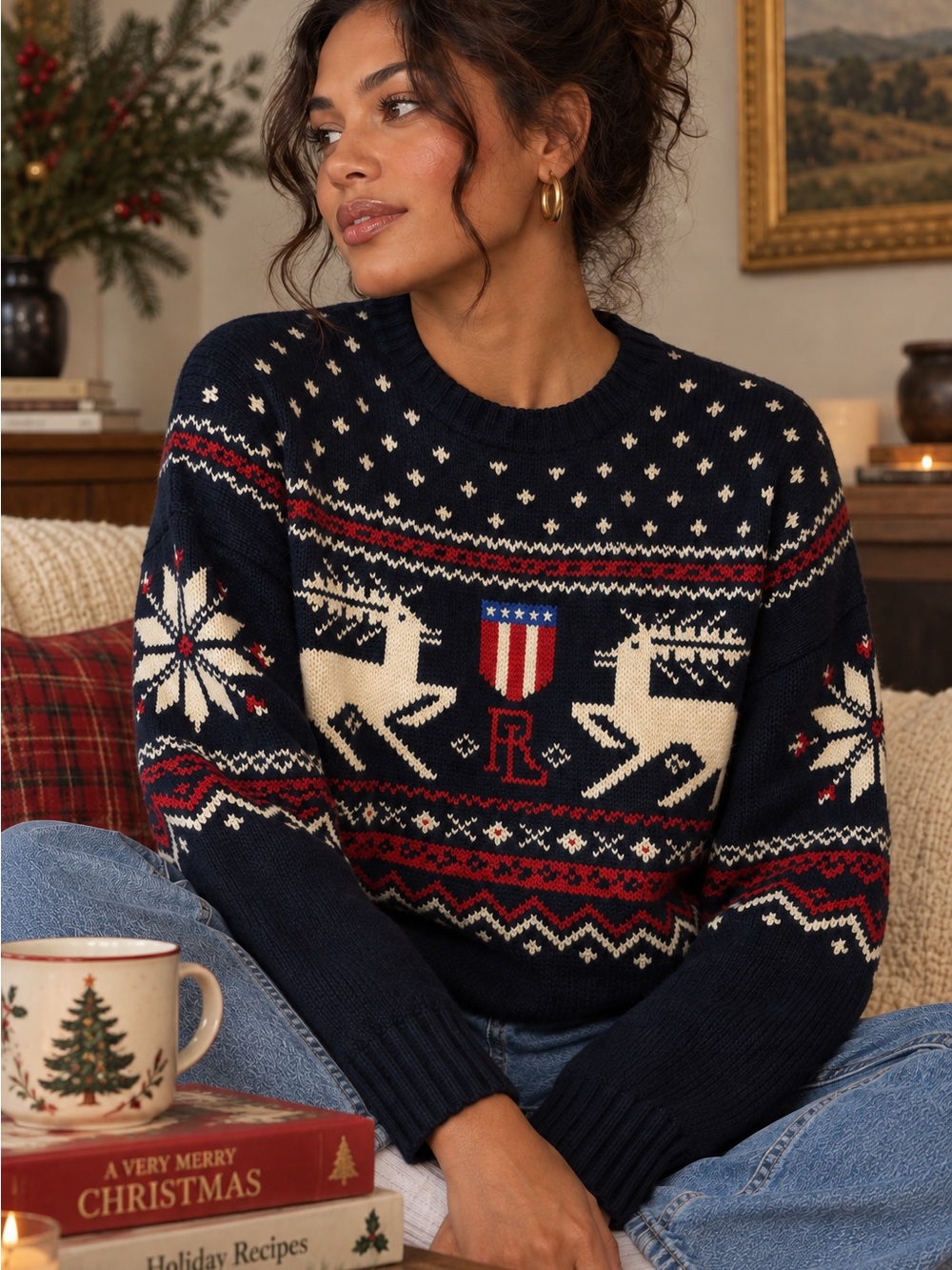Vintage Ralph Lauren Navy Fair Isle Reindeer Shield Crewneck Sweater